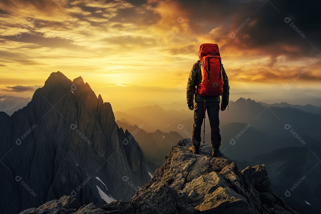 Um alpinista chegando ao cume com vista para uma paisagem deslumbrante ao nascer do sol