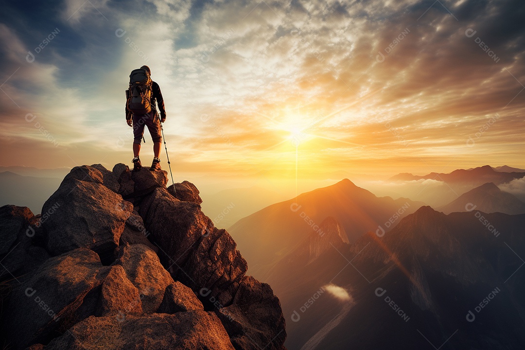 Um alpinista chegando ao cume com vista para uma paisagem deslumbrante ao nascer do sol