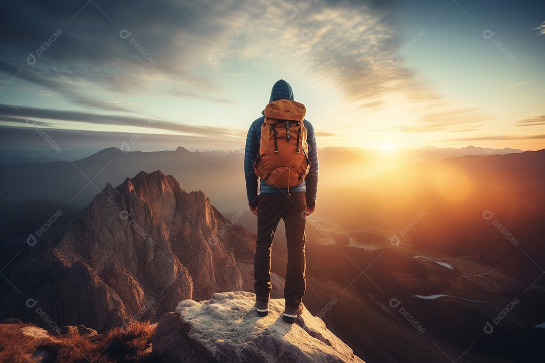 Um alpinista chegando ao cume com vista para uma paisagem deslumbrante ao nascer do sol