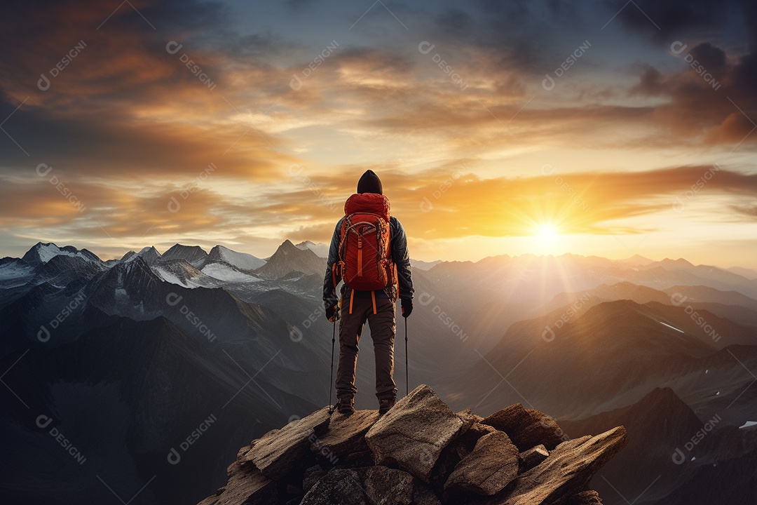 Um alpinista chegando ao cume com vista para uma paisagem deslumbrante ao nascer do sol