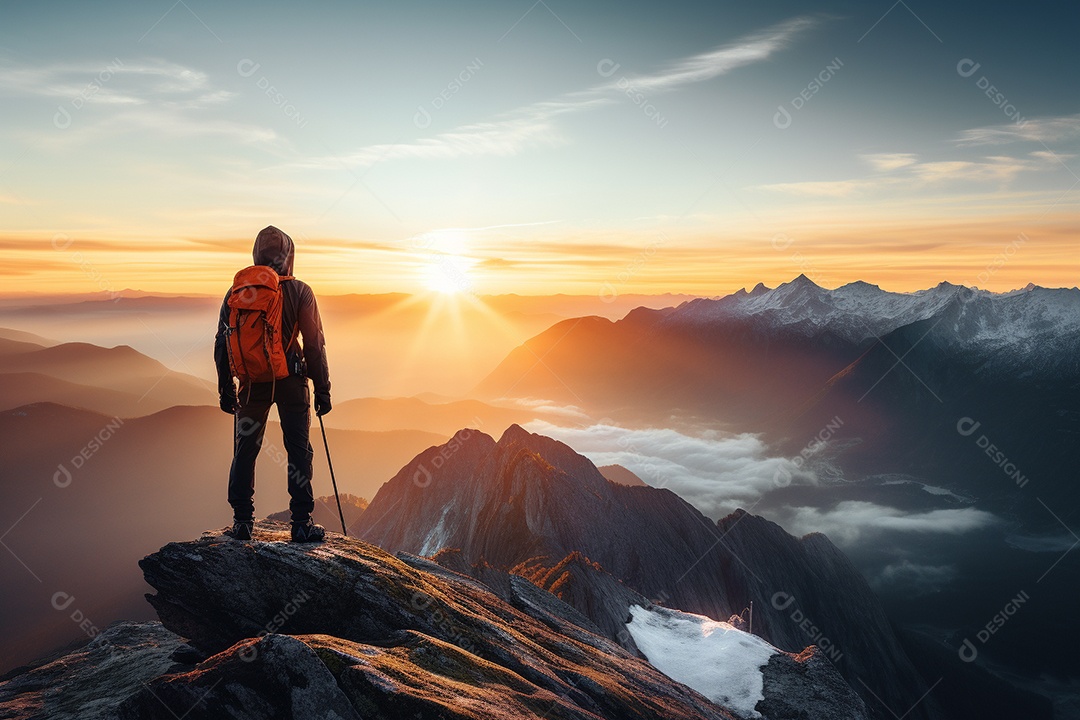 Um alpinista chegando ao cume com vista para uma paisagem deslumbrante ao nascer do sol