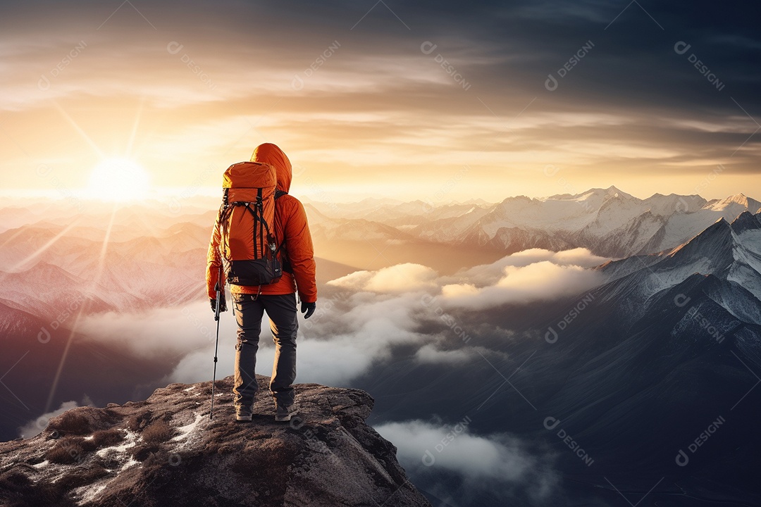 Um alpinista chegando ao cume com vista para uma paisagem deslumbrante ao nascer do sol