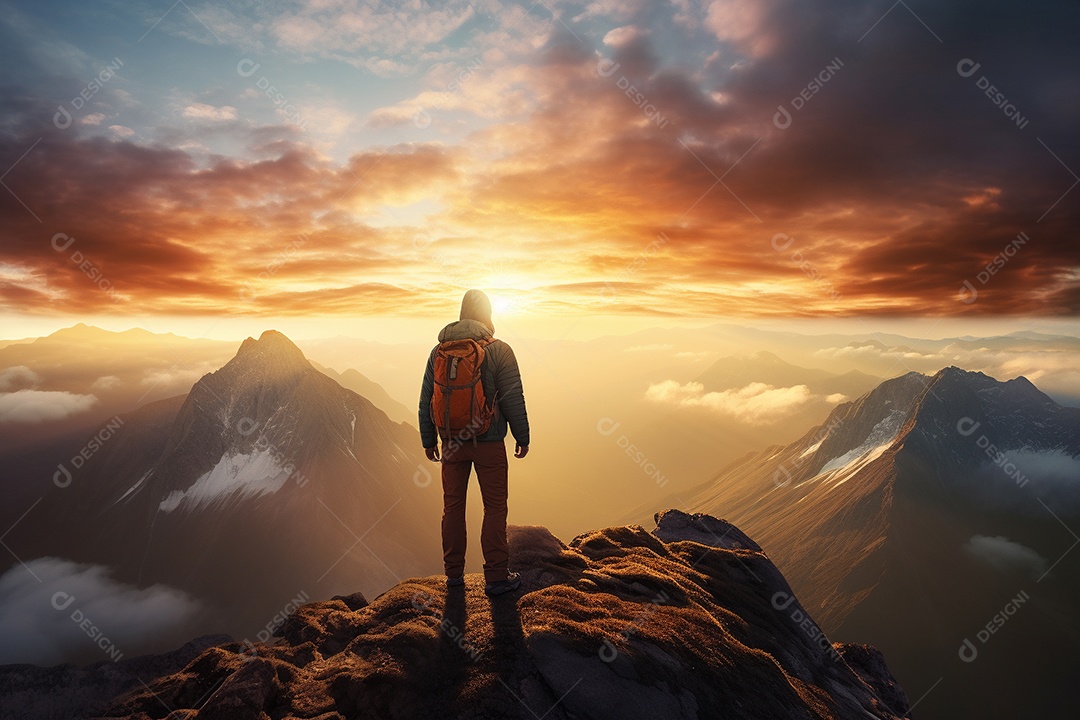 Um alpinista chegando ao cume com vista para uma paisagem deslumbrante ao nascer do sol