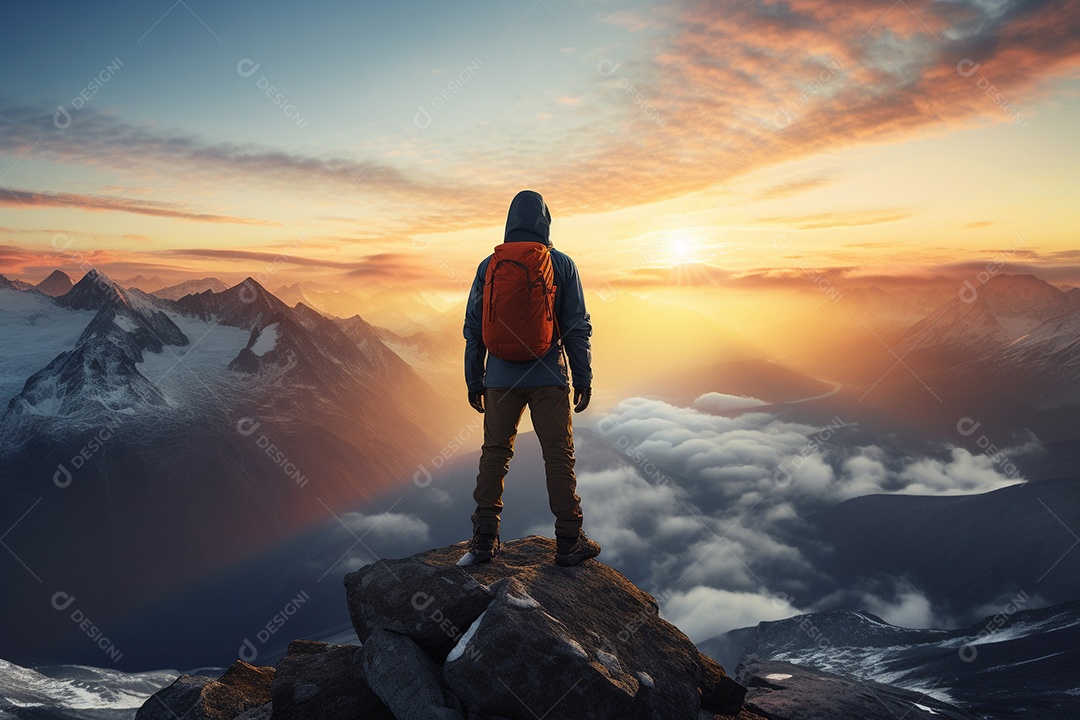 Um alpinista chegando ao cume com vista para uma paisagem deslumbrante ao nascer do sol