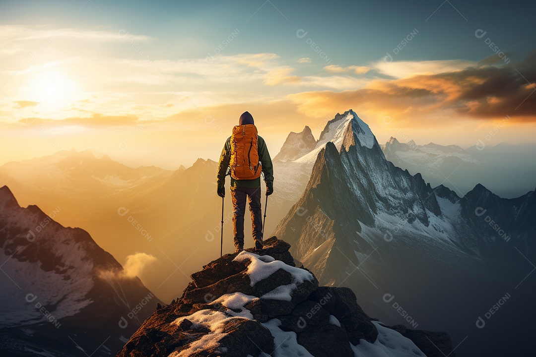 Um alpinista chegando ao cume com vista para uma paisagem deslumbrante ao nascer do sol