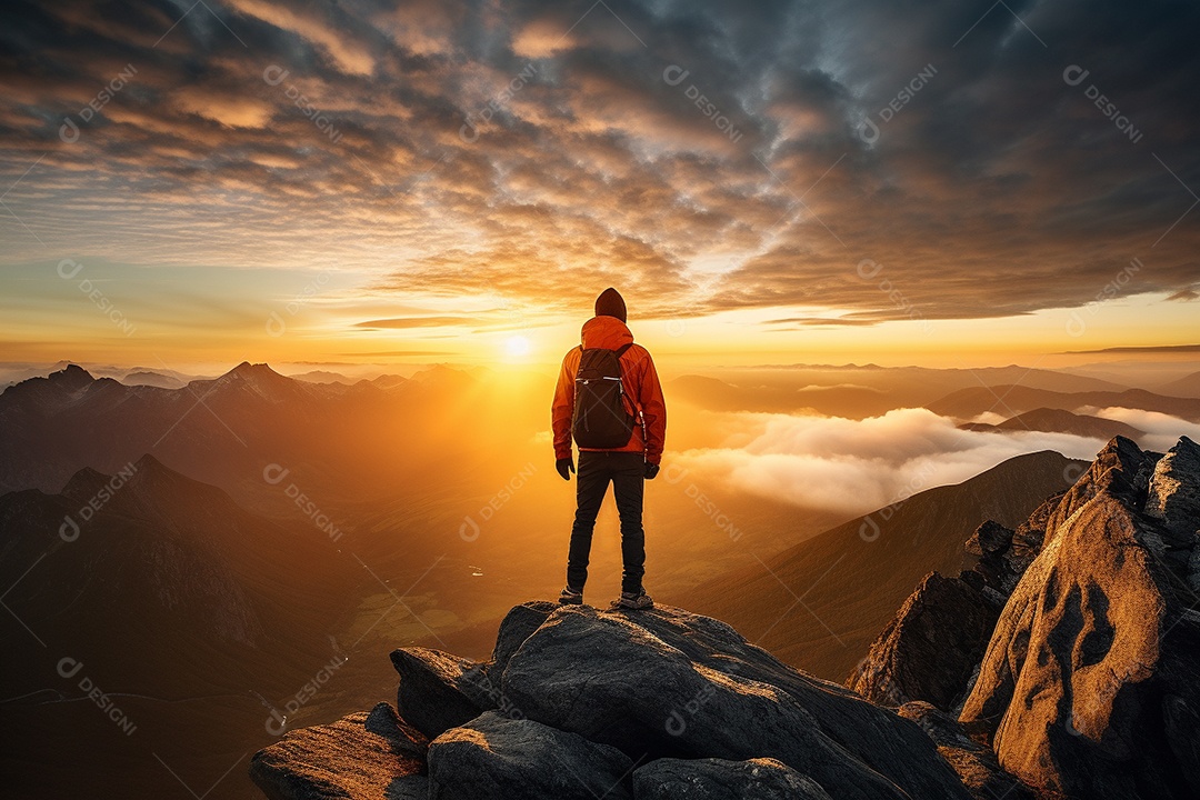 Um alpinista chegando ao cume com vista para uma paisagem deslumbrante ao nascer do sol
