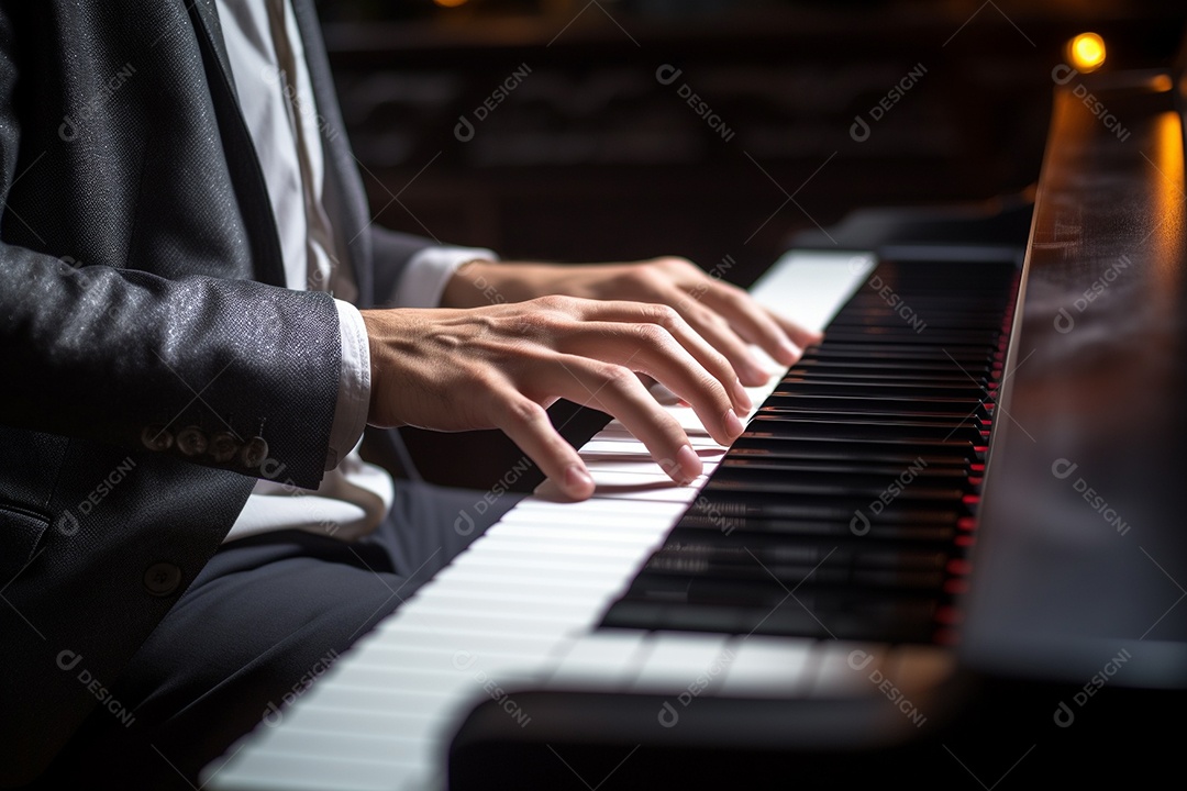 Um pianista tocando apaixonadamente uma peça clássica complexa