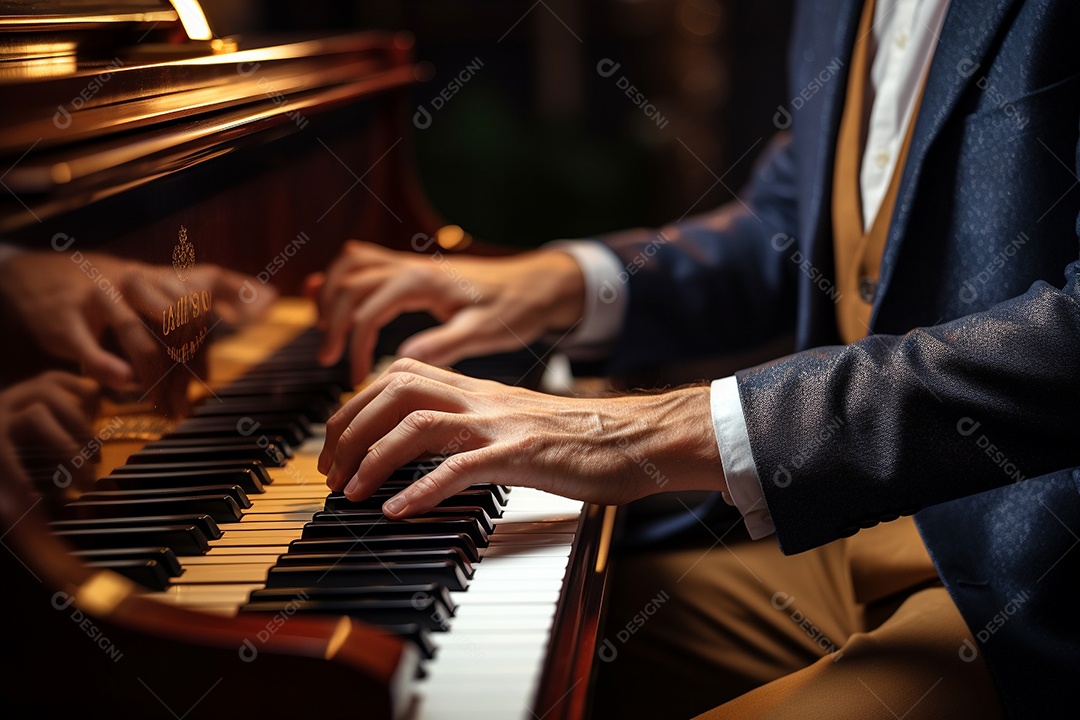 Um pianista tocando apaixonadamente uma peça clássica complexa
