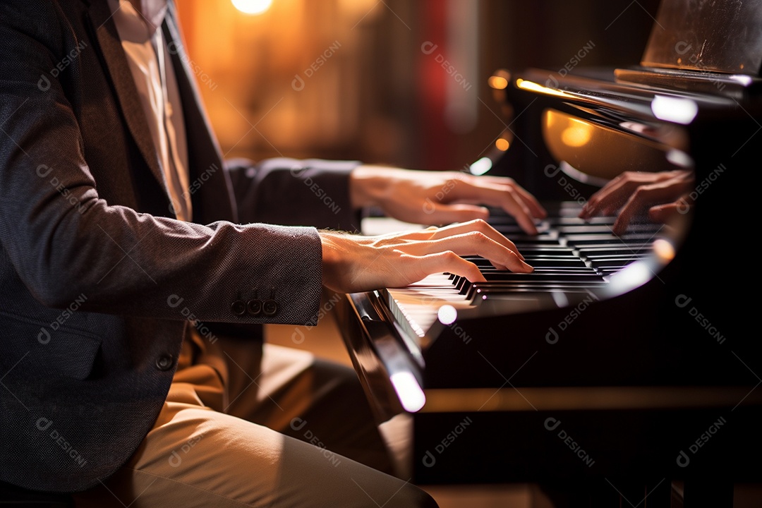 Um pianista tocando apaixonadamente uma peça clássica complexa