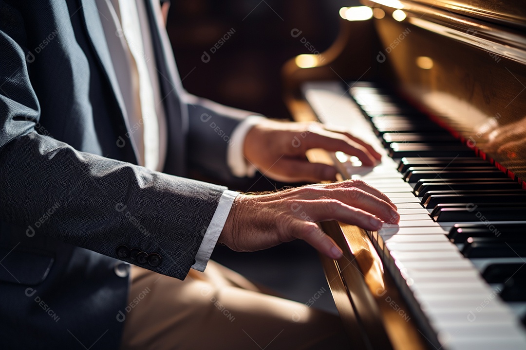 Um pianista tocando apaixonadamente uma peça clássica complexa