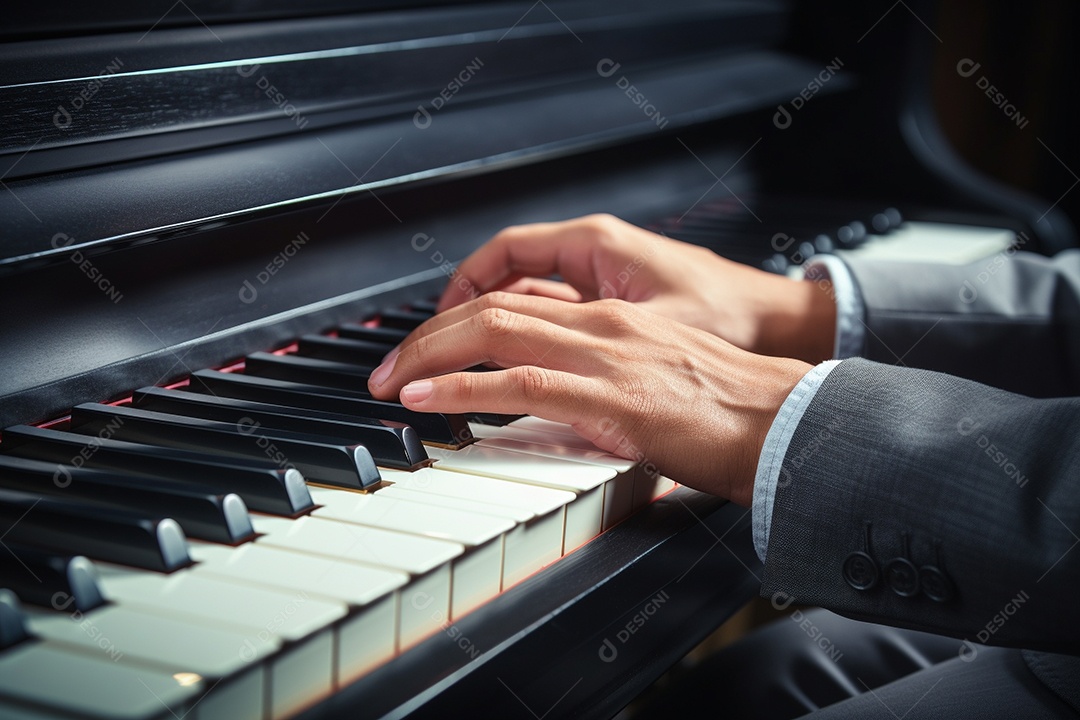 Um pianista tocando apaixonadamente uma peça clássica complexa