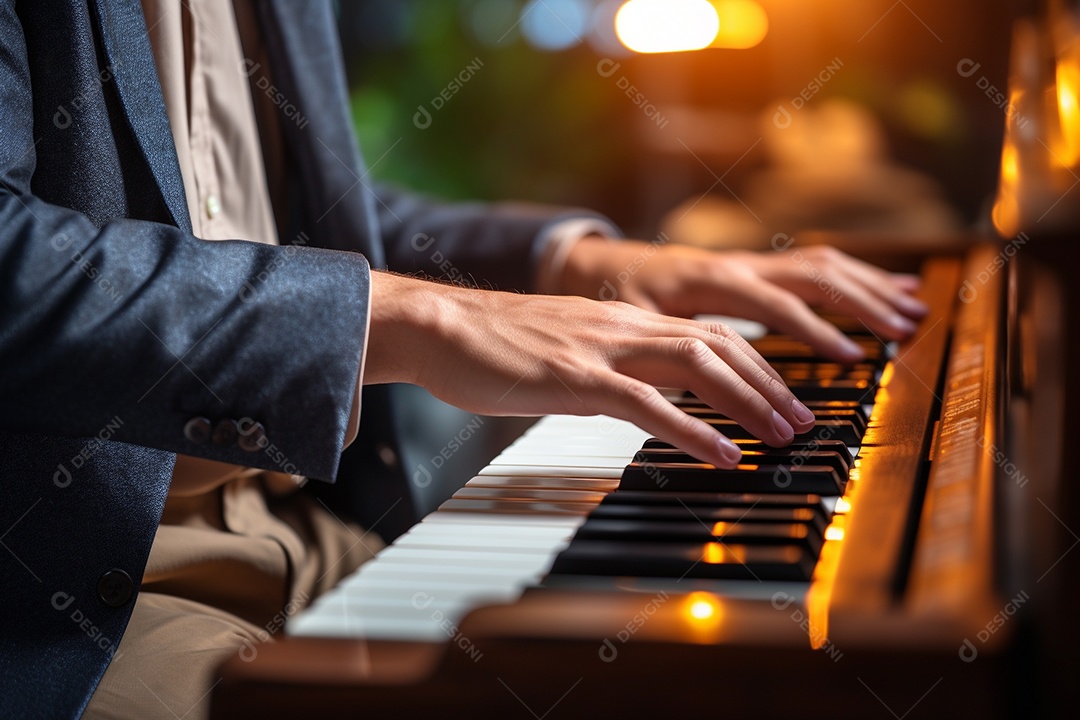 Um pianista tocando apaixonadamente uma peça clássica complexa