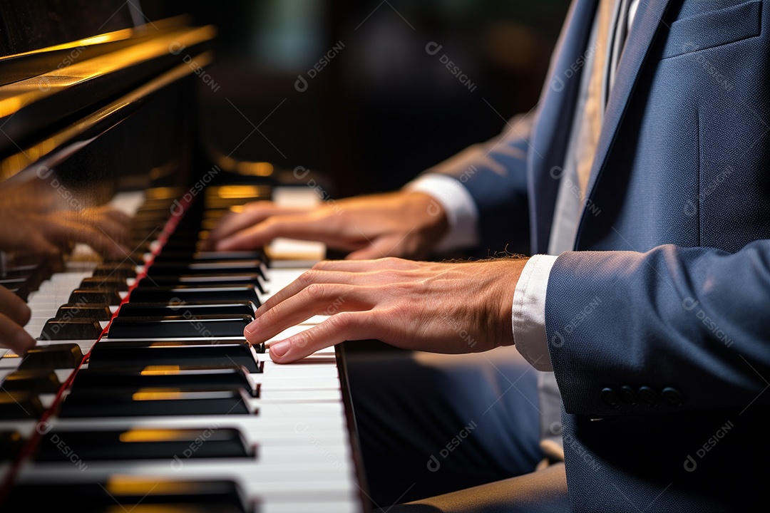 Um pianista tocando apaixonadamente uma peça clássica complexa