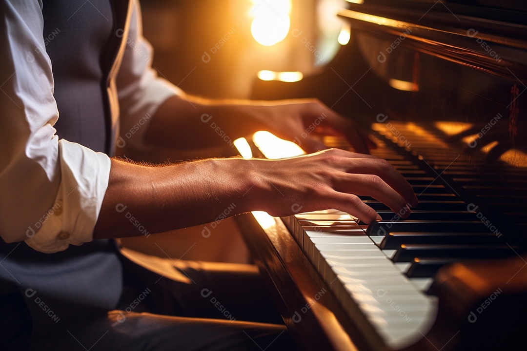 Um pianista tocando apaixonadamente uma peça clássica complexa