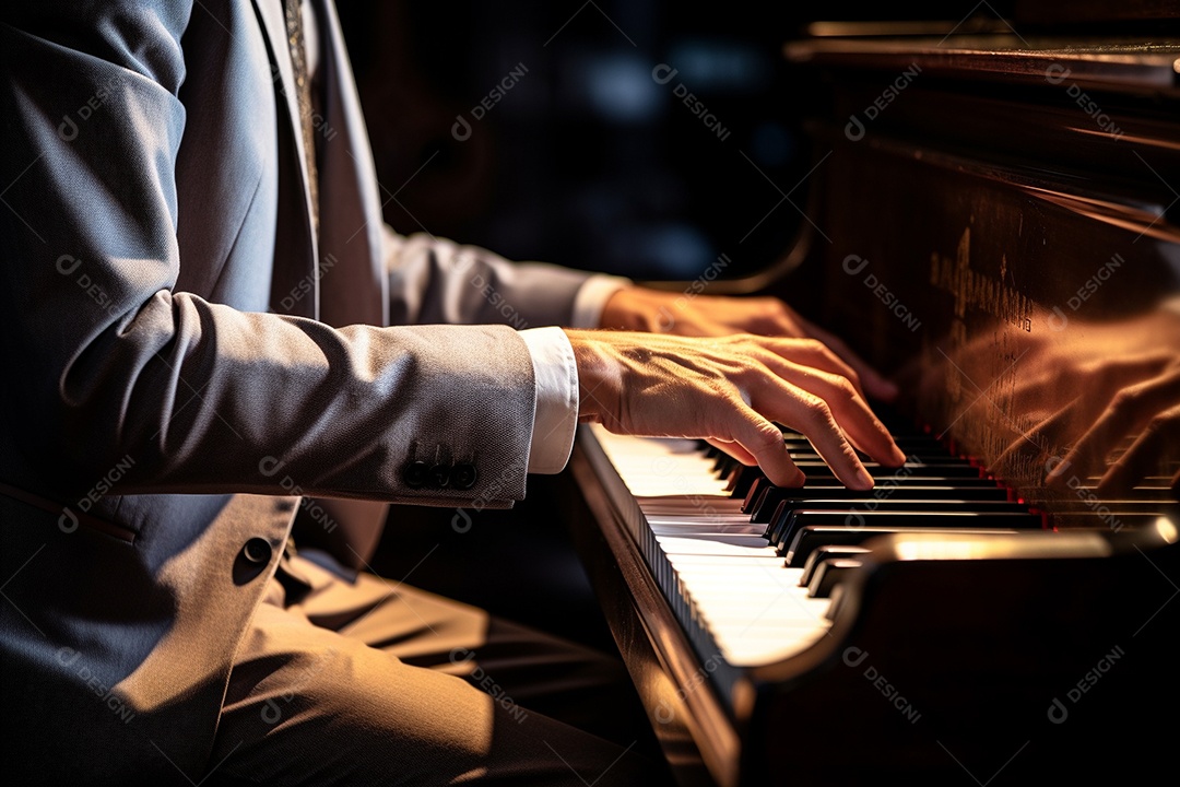 Um pianista tocando apaixonadamente uma peça clássica complexa