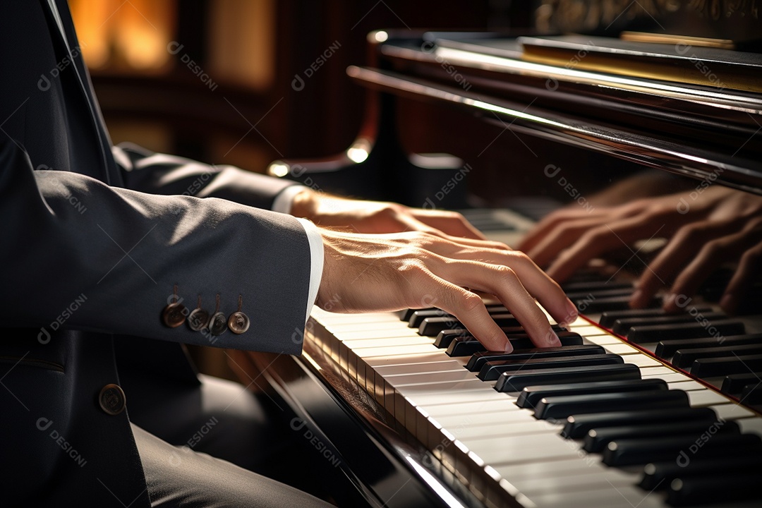 Um pianista tocando apaixonadamente uma peça clássica complexa