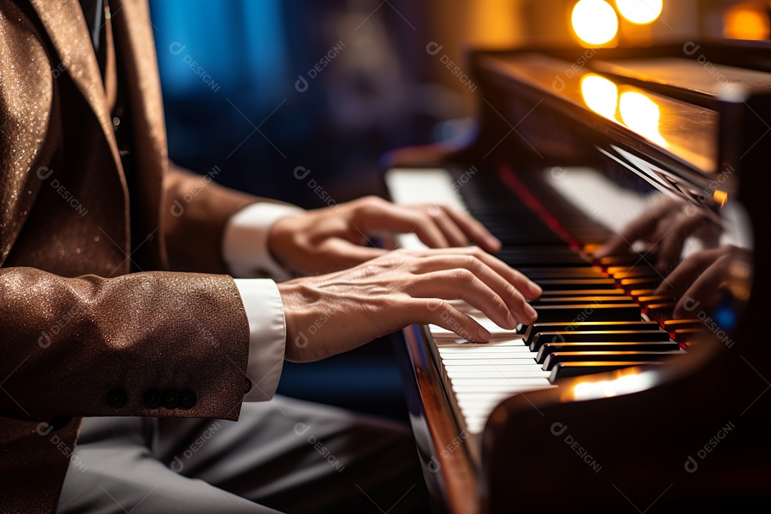 Um pianista tocando apaixonadamente uma peça clássica complexa
