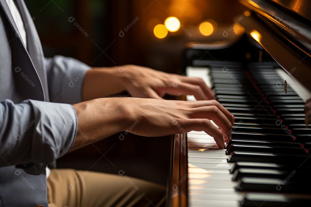 Um pianista tocando apaixonadamente uma peça clássica complexa