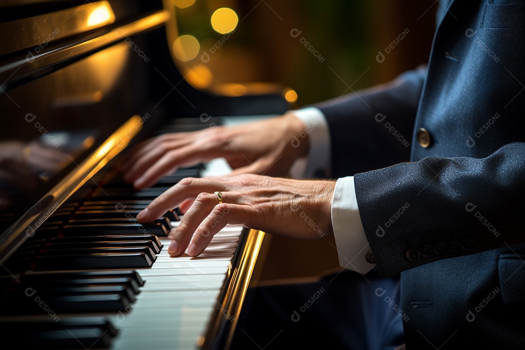 Um pianista tocando apaixonadamente uma peça clássica complexa