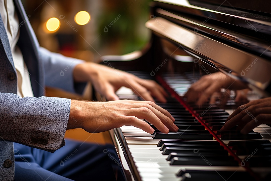 Um pianista tocando apaixonadamente uma peça clássica complexa