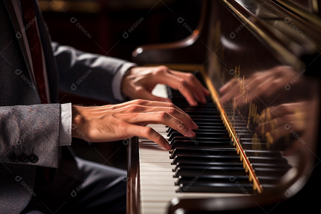 Um pianista tocando apaixonadamente uma peça clássica complexa