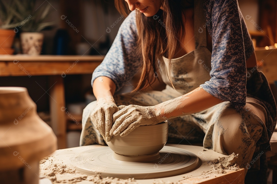 Um oleiro ao volante moldando um vaso de barro em um estúdio aconchegante e cheio de arte