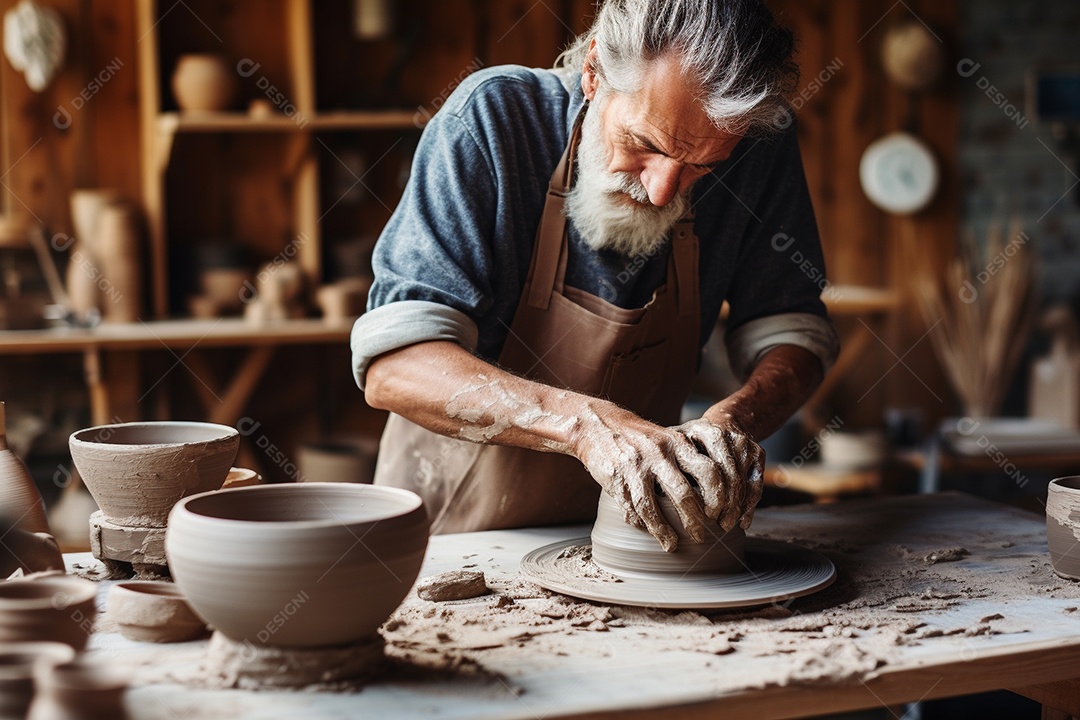 Um oleiro ao volante moldando um vaso de barro em um estúdio aconchegante e cheio de arte