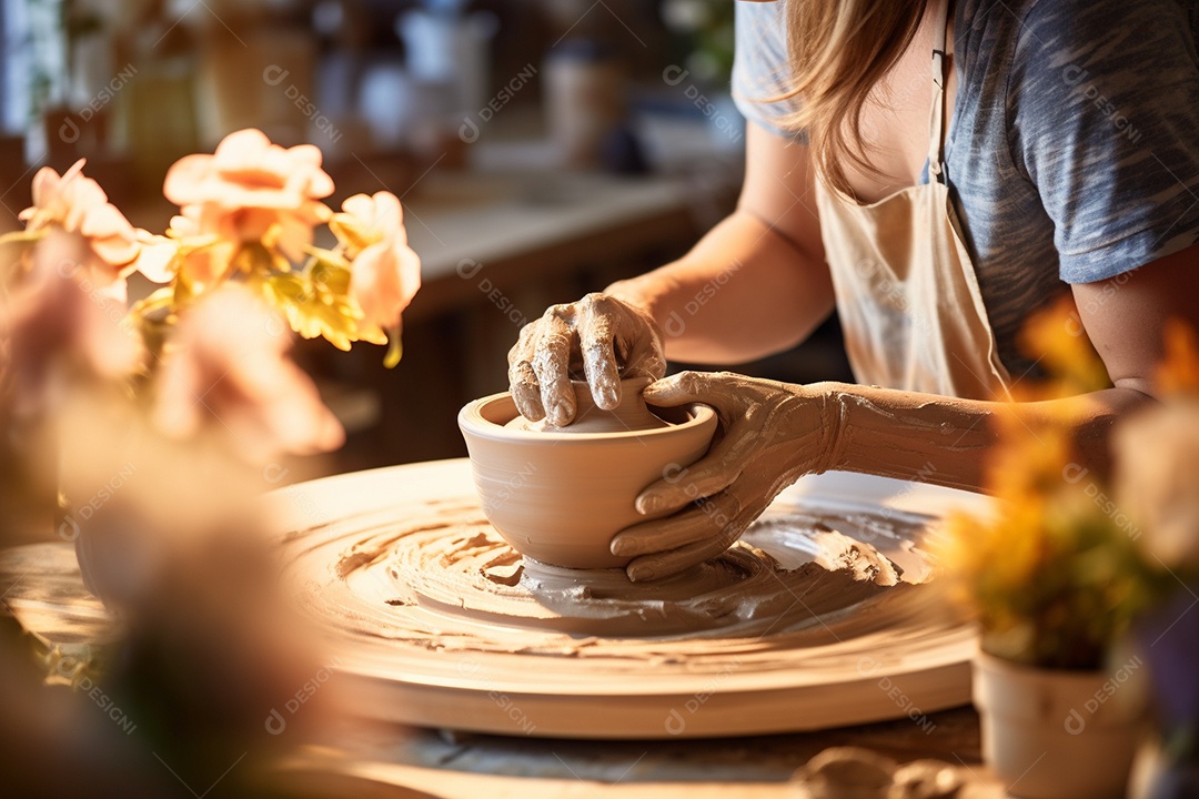 Um oleiro ao volante moldando um vaso de barro em um estúdio aconchegante e cheio de arte