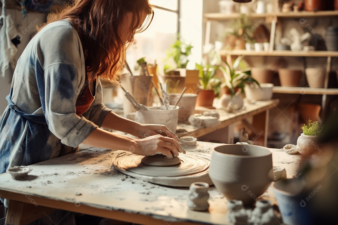 Um oleiro ao volante moldando um vaso de barro em um estúdio aconchegante e cheio de arte