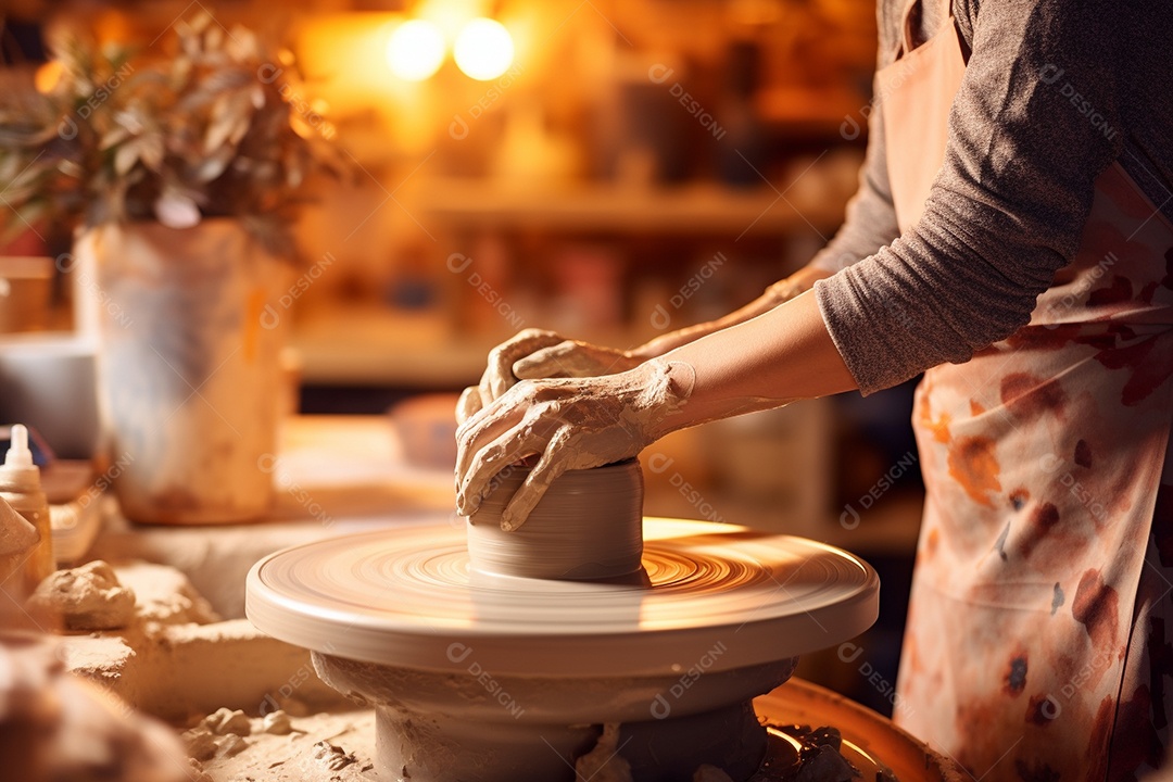 Um oleiro ao volante moldando um vaso de barro em um estúdio aconchegante e cheio de arte