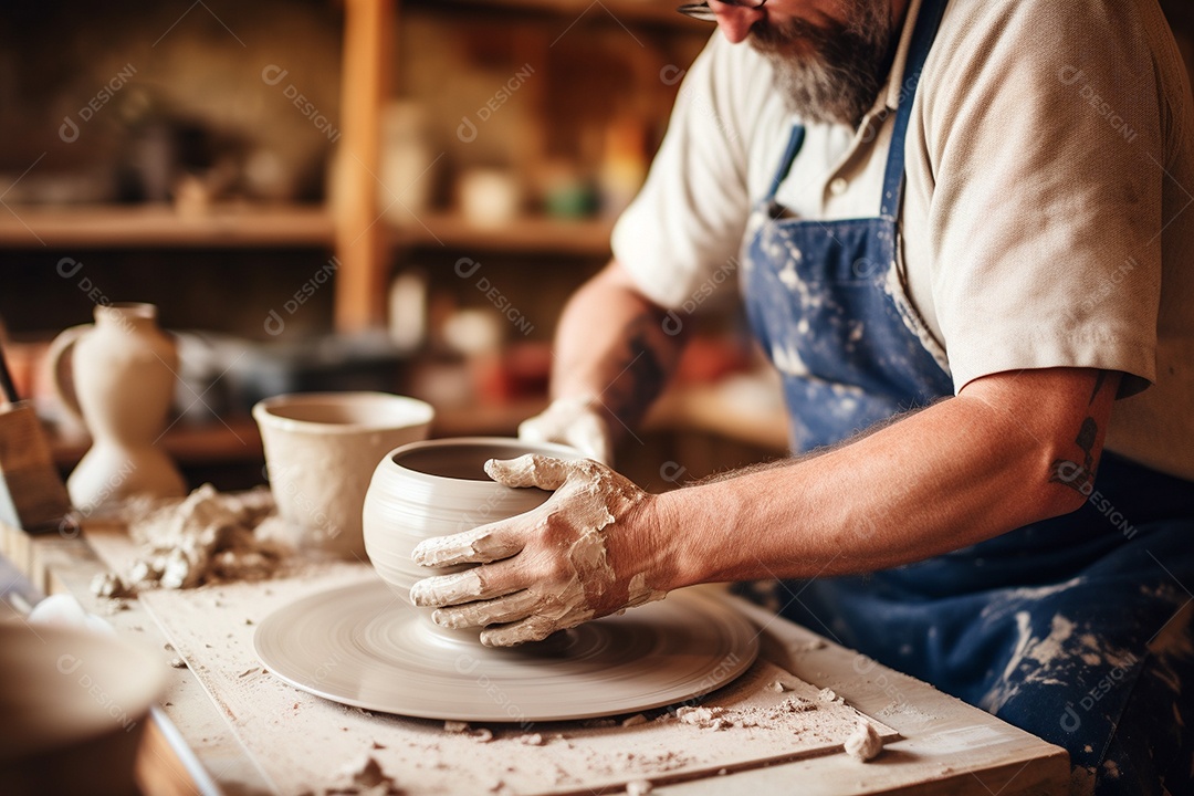 Um oleiro ao volante moldando um vaso de barro em um estúdio aconchegante e cheio de arte