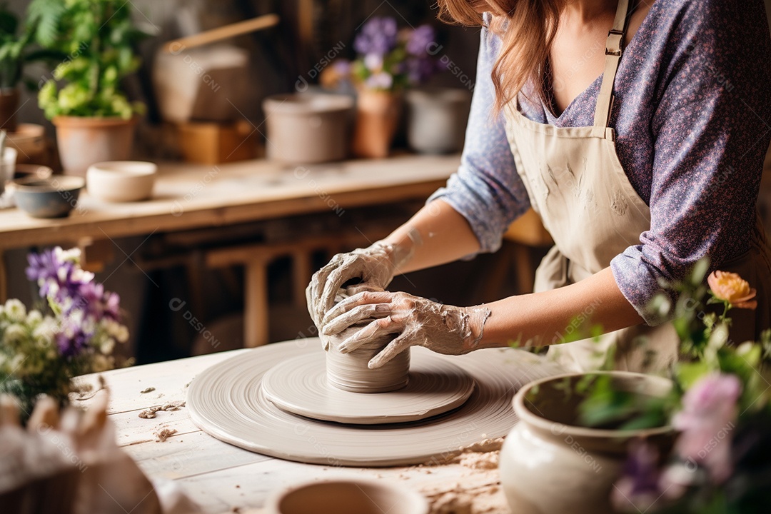 Um oleiro ao volante moldando um vaso de barro em um estúdio aconchegante e cheio de arte