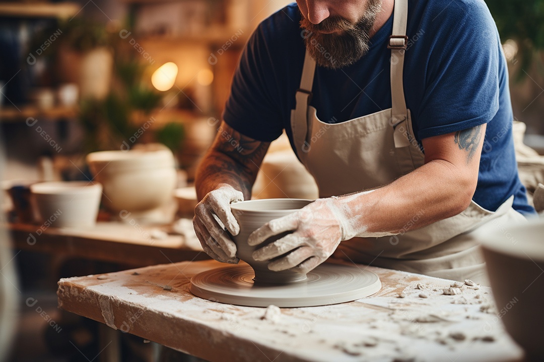 Um oleiro ao volante moldando um vaso de barro em um estúdio aconchegante e cheio de arte