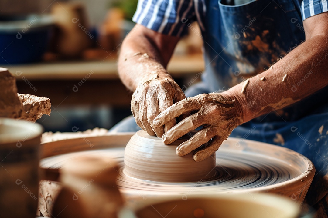 Um oleiro ao volante moldando um vaso de barro em um estúdio aconchegante e cheio de arte