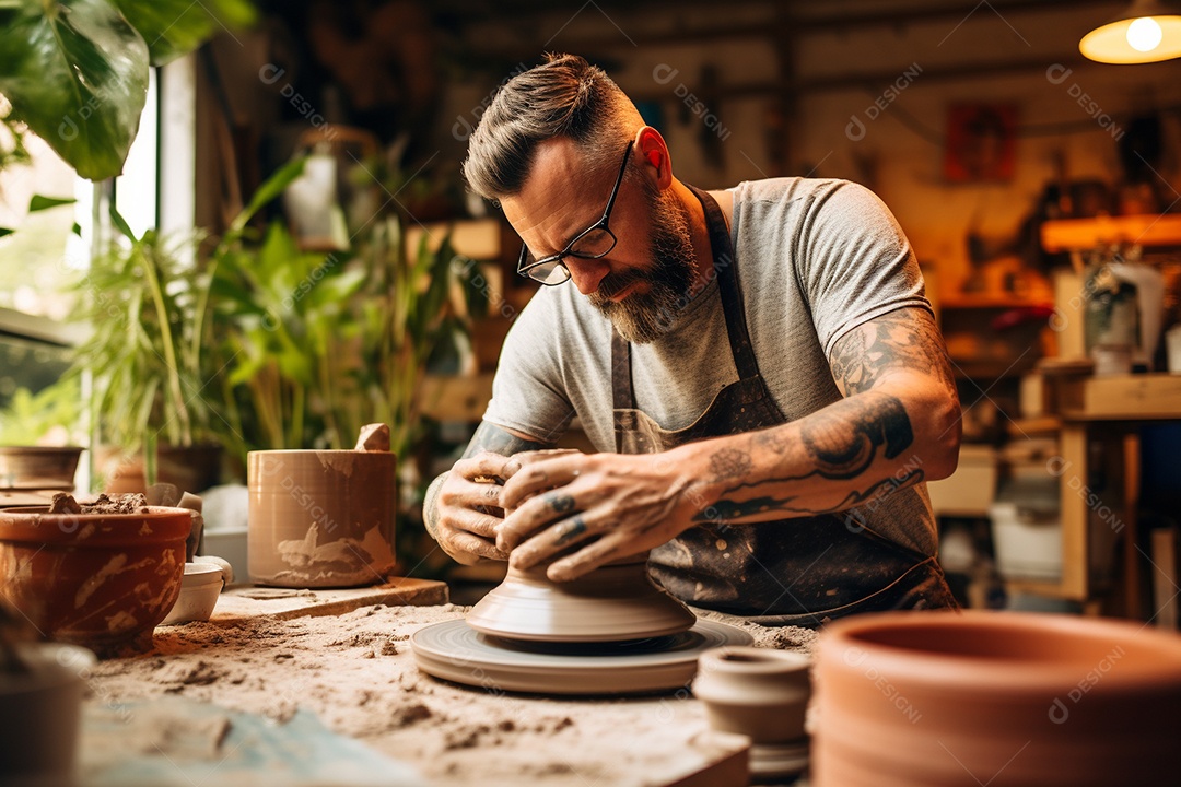 Um oleiro ao volante moldando um vaso de barro em um estúdio aconchegante e cheio de arte