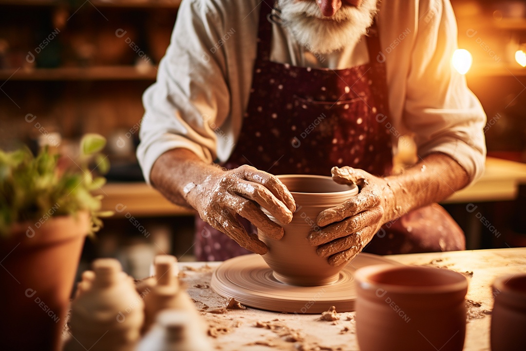 Um oleiro ao volante moldando um vaso de barro em um estúdio aconchegante e cheio de arte