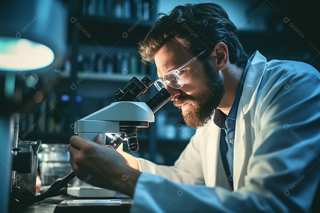 Um cientista olhando através de um microscópio descobrindo novas fronteiras na biologia