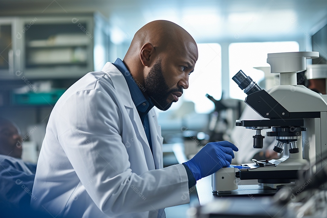 Um cientista olhando através de um microscópio descobrindo novas fronteiras na biologia