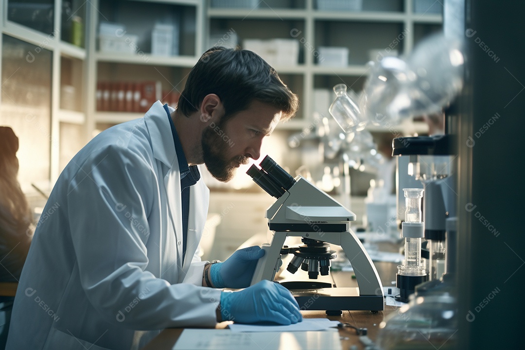 Um cientista olhando através de um microscópio descobrindo novas fronteiras na biologia