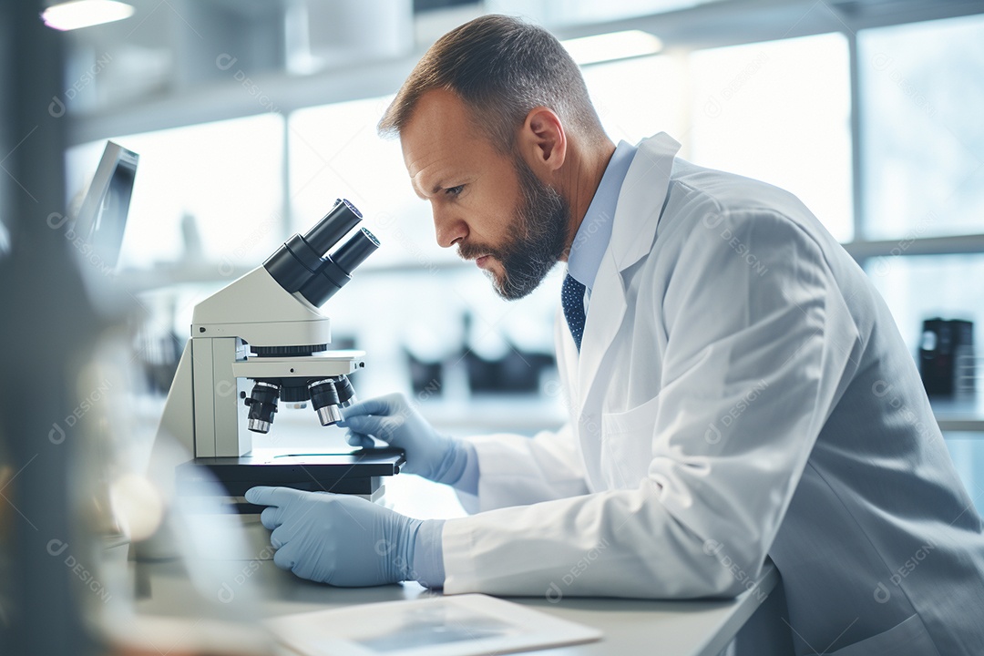 Um cientista olhando através de um microscópio descobrindo novas fronteiras na biologia