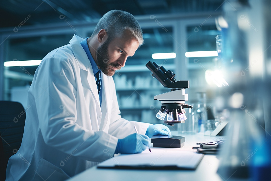 Um cientista olhando através de um microscópio descobrindo novas fronteiras na biologia