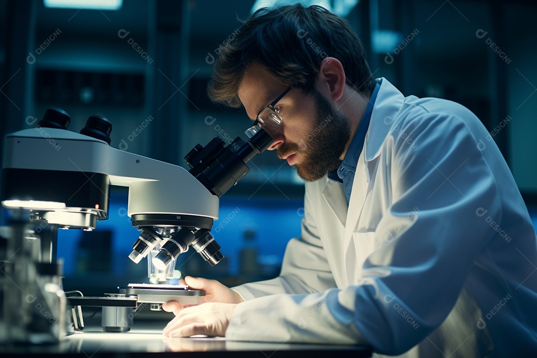 Um cientista olhando através de um microscópio descobrindo novas fronteiras na biologia