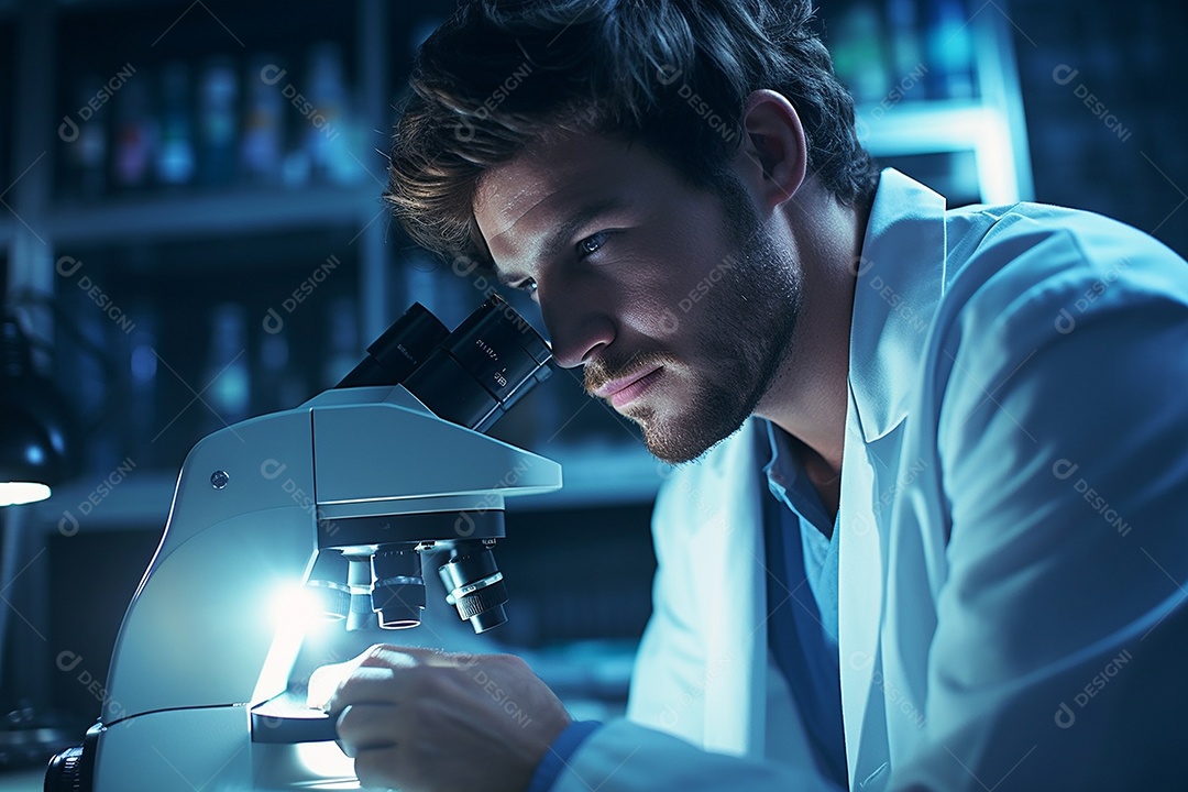 Um cientista olhando através de um microscópio descobrindo novas fronteiras na biologia