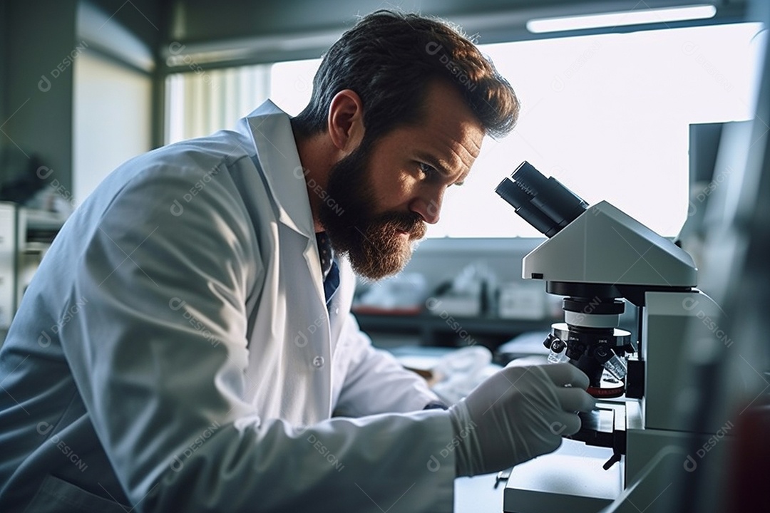 Um cientista olhando através de um microscópio descobrindo novas fronteiras na biologia