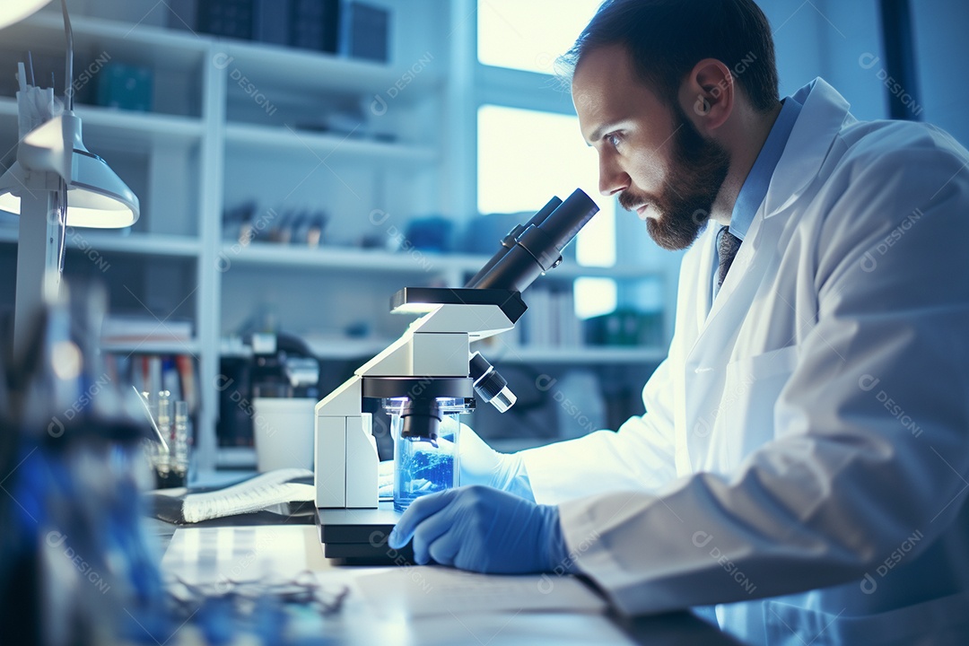 Um cientista olhando através de um microscópio descobrindo novas fronteiras na biologia