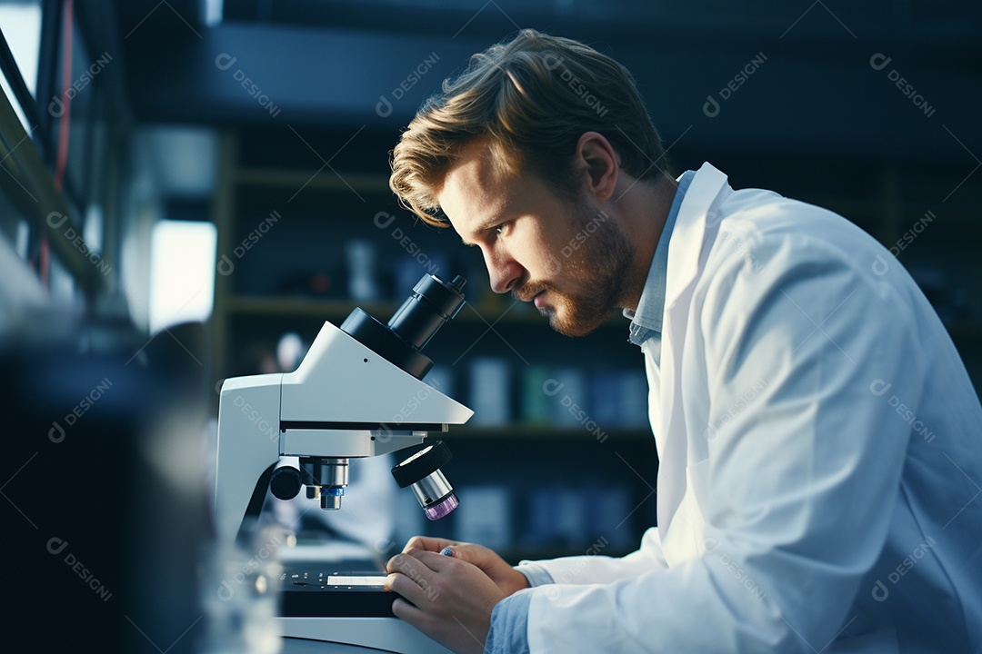 Um cientista olhando através de um microscópio descobrindo novas fronteiras na biologia