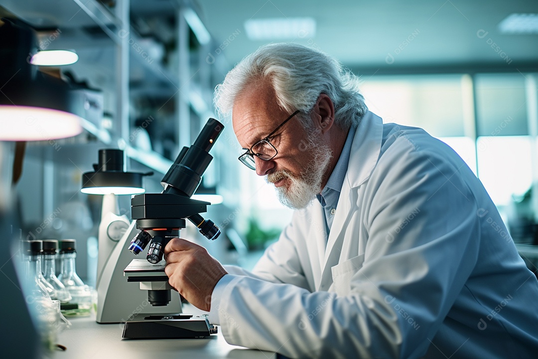 Um cientista olhando através de um microscópio descobrindo novas fronteiras na biologia