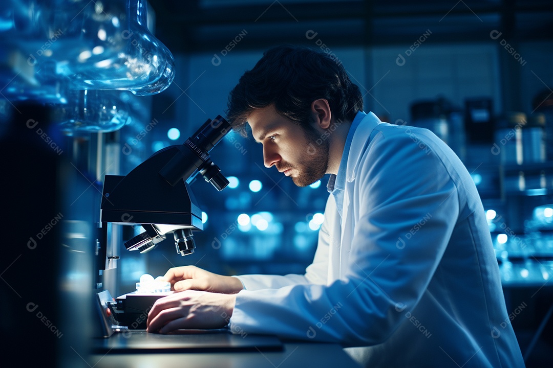Um cientista olhando através de um microscópio descobrindo novas fronteiras na biologia