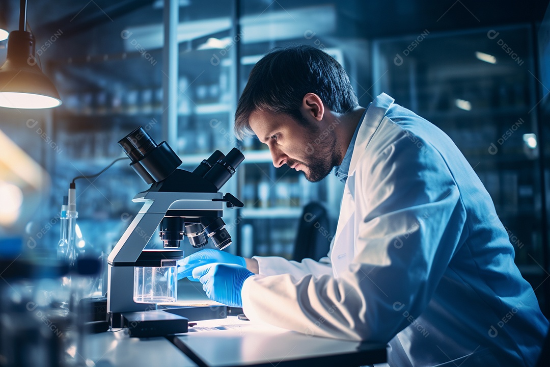 Um cientista olhando através de um microscópio descobrindo novas fronteiras na biologia