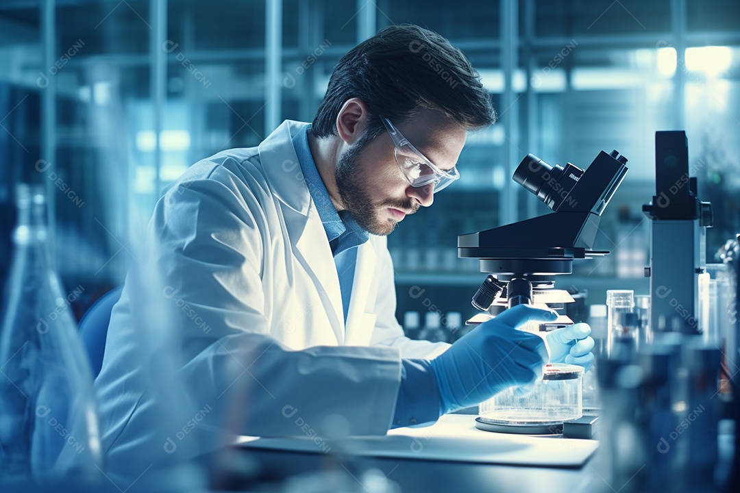 Um cientista olhando através de um microscópio descobrindo novas fronteiras na biologia